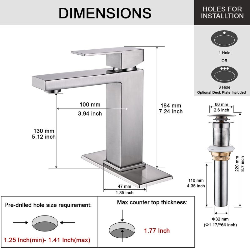 AVSIILE Brushed Nickel Bathroom Faucet, Single Hole Vanity Bath Faucet, Single Handle Modern Stainless Steel Bathroom Faucets for Sink 1 Hole with Pop Up Drain Stopper & Water Supply Hoses - Image 3